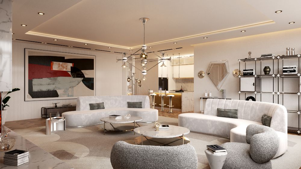 all gray living room with area rug, center table and suspension lights
