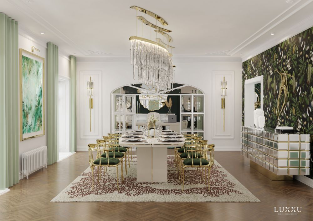 modern classic dining room with Yupik rug, number 11 dining chairs, marbled white dining table.