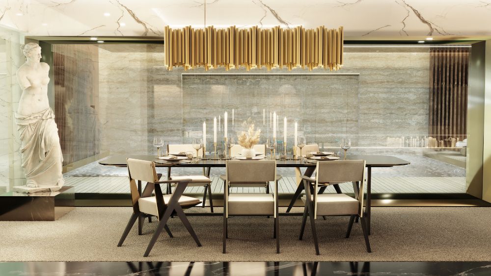 modern dining room with area rug, gray dining chairs and golden hanging lights