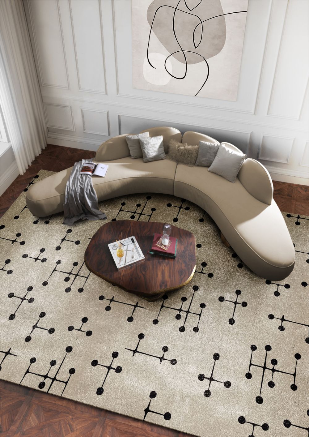 Modern contemporary living room with umlaza rug, gray sofa and center table