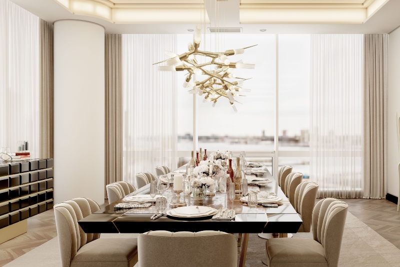 dining room with beige area rug, black dining table and beige dining chairs