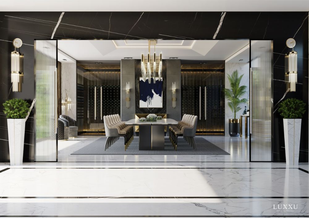stylish modern dining room with gray area rug, gray and beige dining chairs and gray dining table.