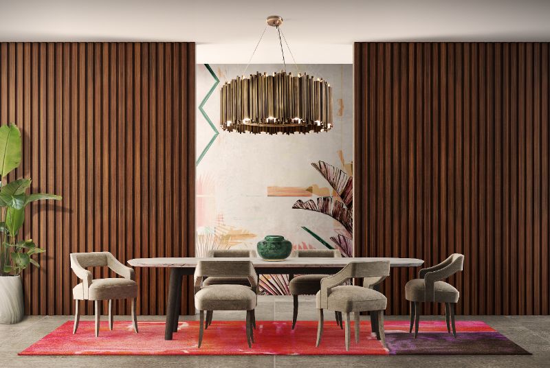 Contemporary living room with toulousse rug in red and blue with golden lights
