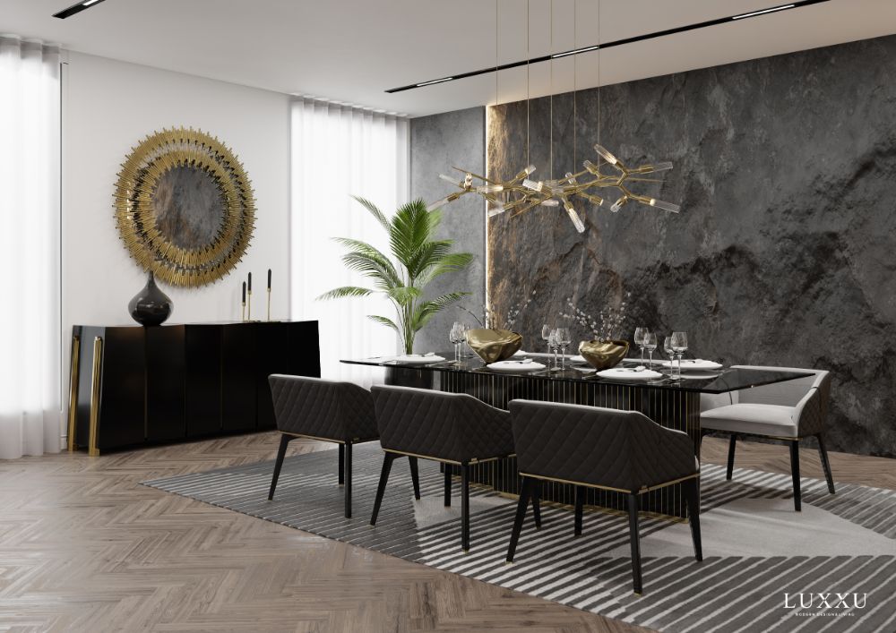 Modern dining room with one of the best area rugs. A black dining table paired with dining chairs and the Air Rug.