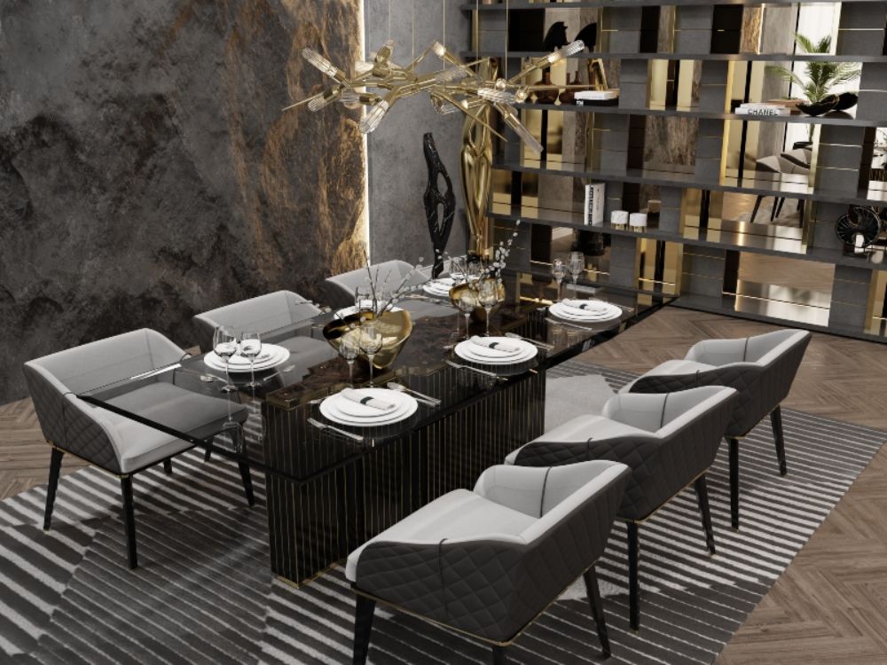 modern dining room with Air Rug, golden lights and gray dining chairs