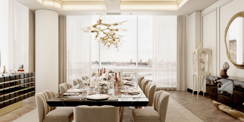 modern dining room with pastel area rug, dininf chairs and dining table