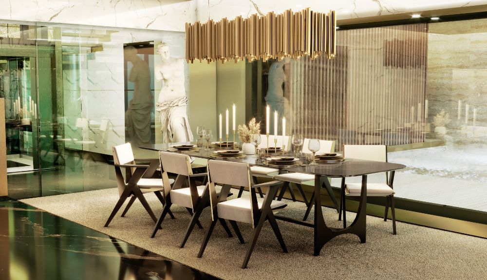 Minimalistic dining room with long area rug in gray with olden hanging lights
