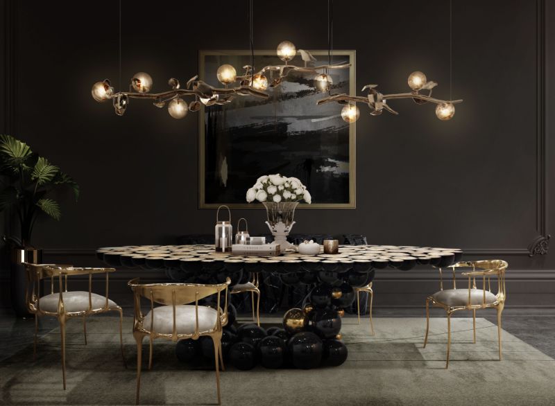 sophisticated dining room with a beige area rug, n°11 chairs and haning lights