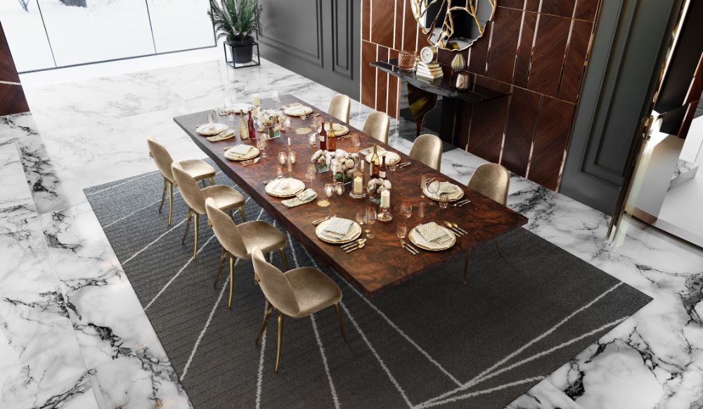 modern dining room with black area rug, wooden dining table and dining chairs
