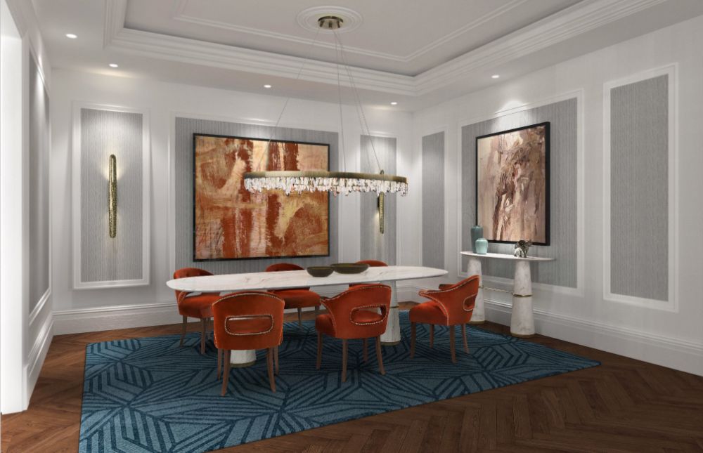 Blue dining room rug with the Cauca rug and suspension lights