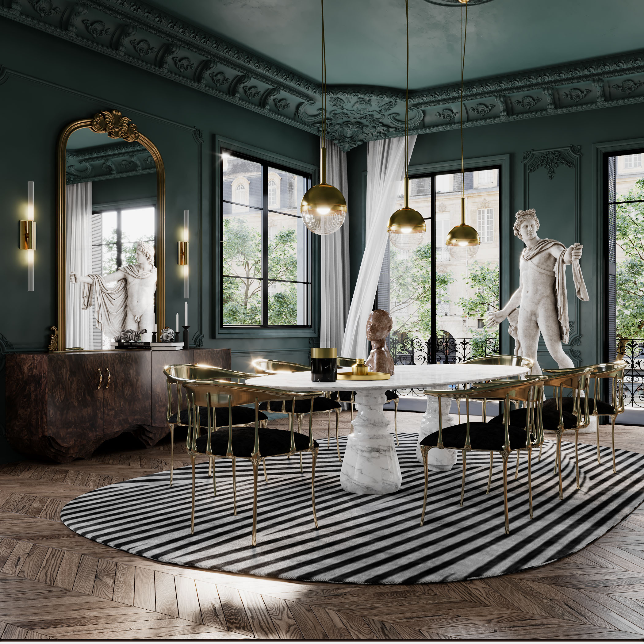 dining room with monochrome scheme palette and oval rug in black and white stripes with n11 chairs and Agra dining table