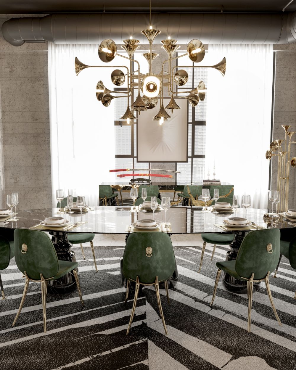 modern dining room with palm rug with dining table, hanging lights and soleil dining chairs