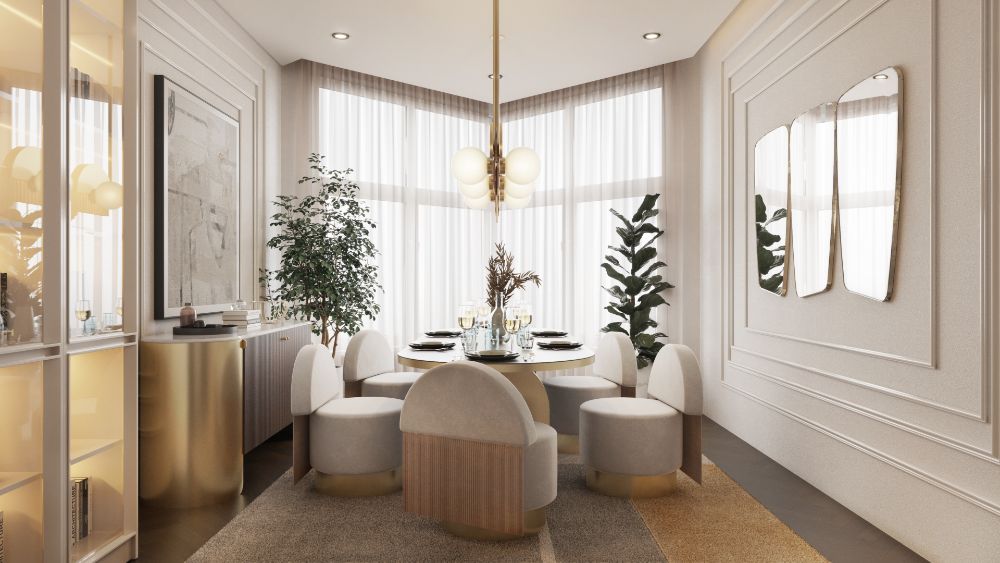 Mid-century dining room with pastel colored rug, round chairs, oval dining table.