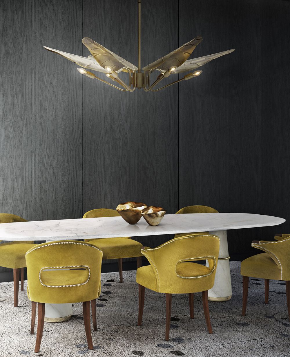 Modern contemporary dining room with classy Poppy rug and gold hanging lights and dining chairs