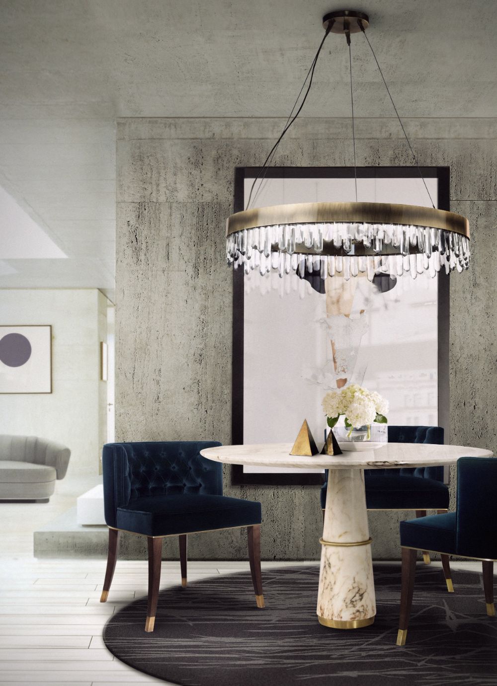 Modern round rug in a small dining room with round marbled table and velvet cushioned dining chairs