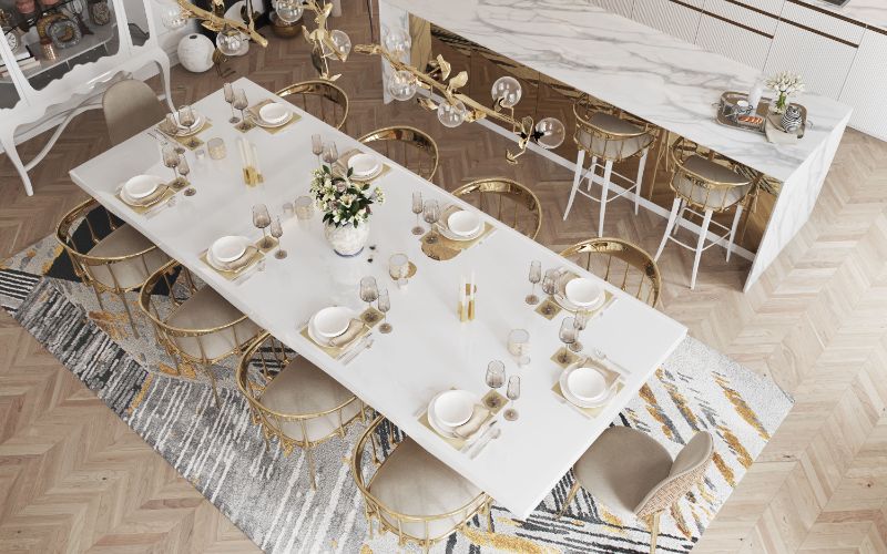 Xisto rug in a stylish dining room with white dining table and n11 dining chairs