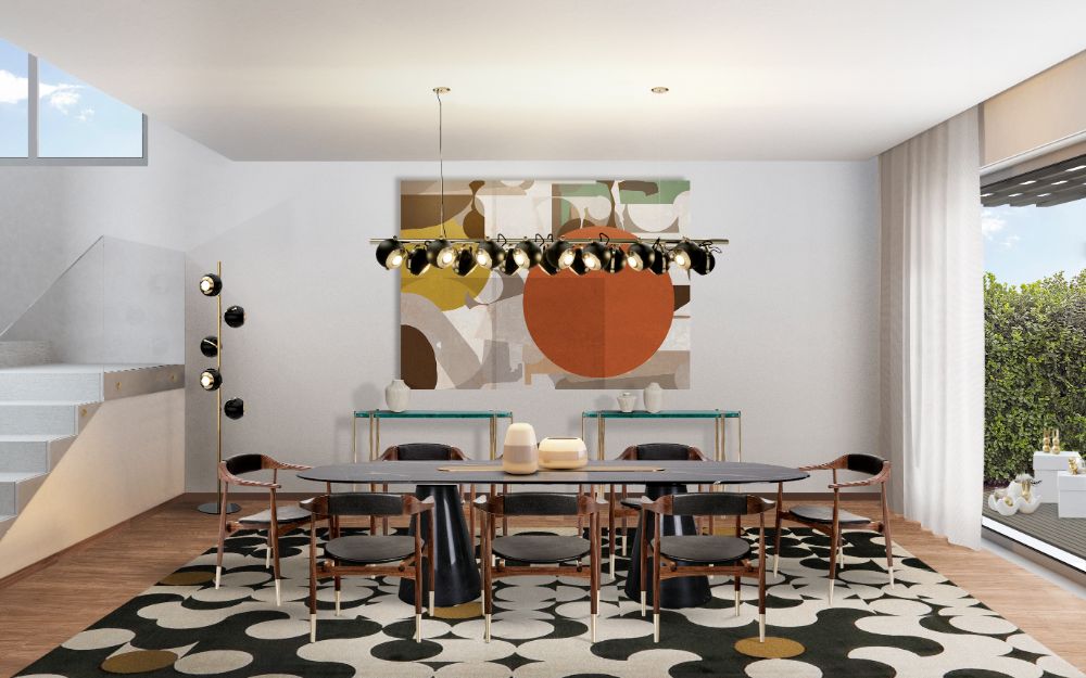 modern contemporary dining room with Yarsa Rug, black long dining table, black hanging lights