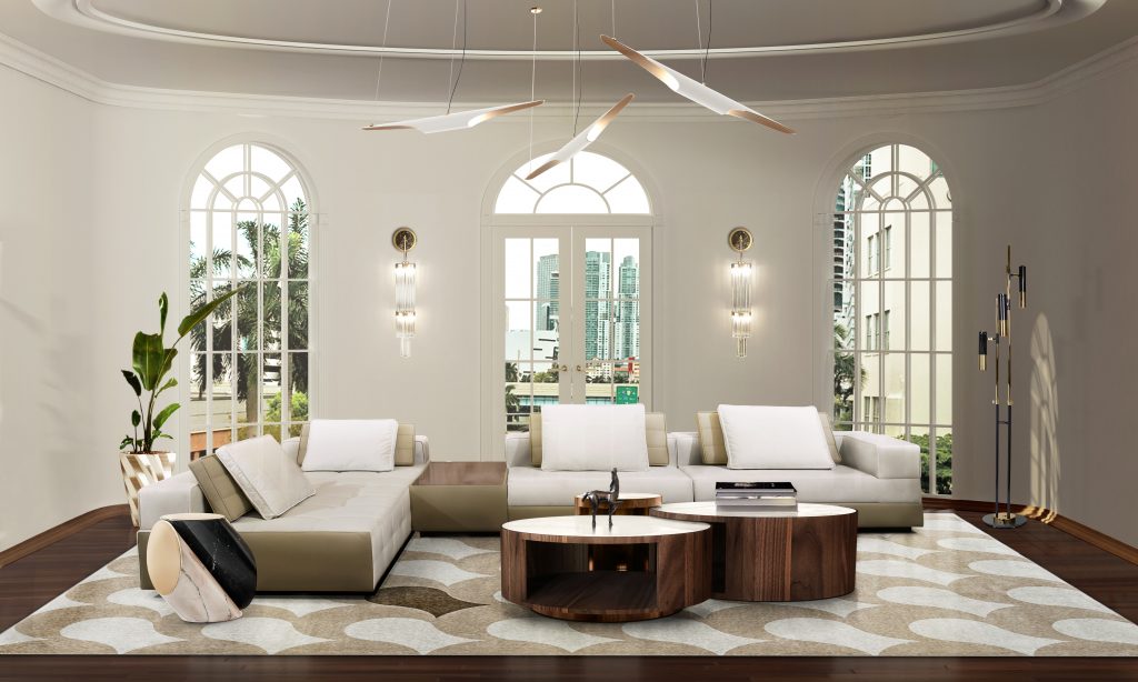 Modern living room with Adler Rug, center table and suspension lights