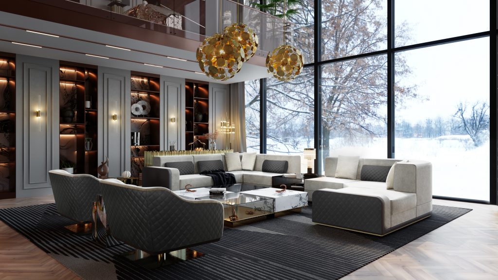 Modern living room with Air rug, supernova lights and sofa