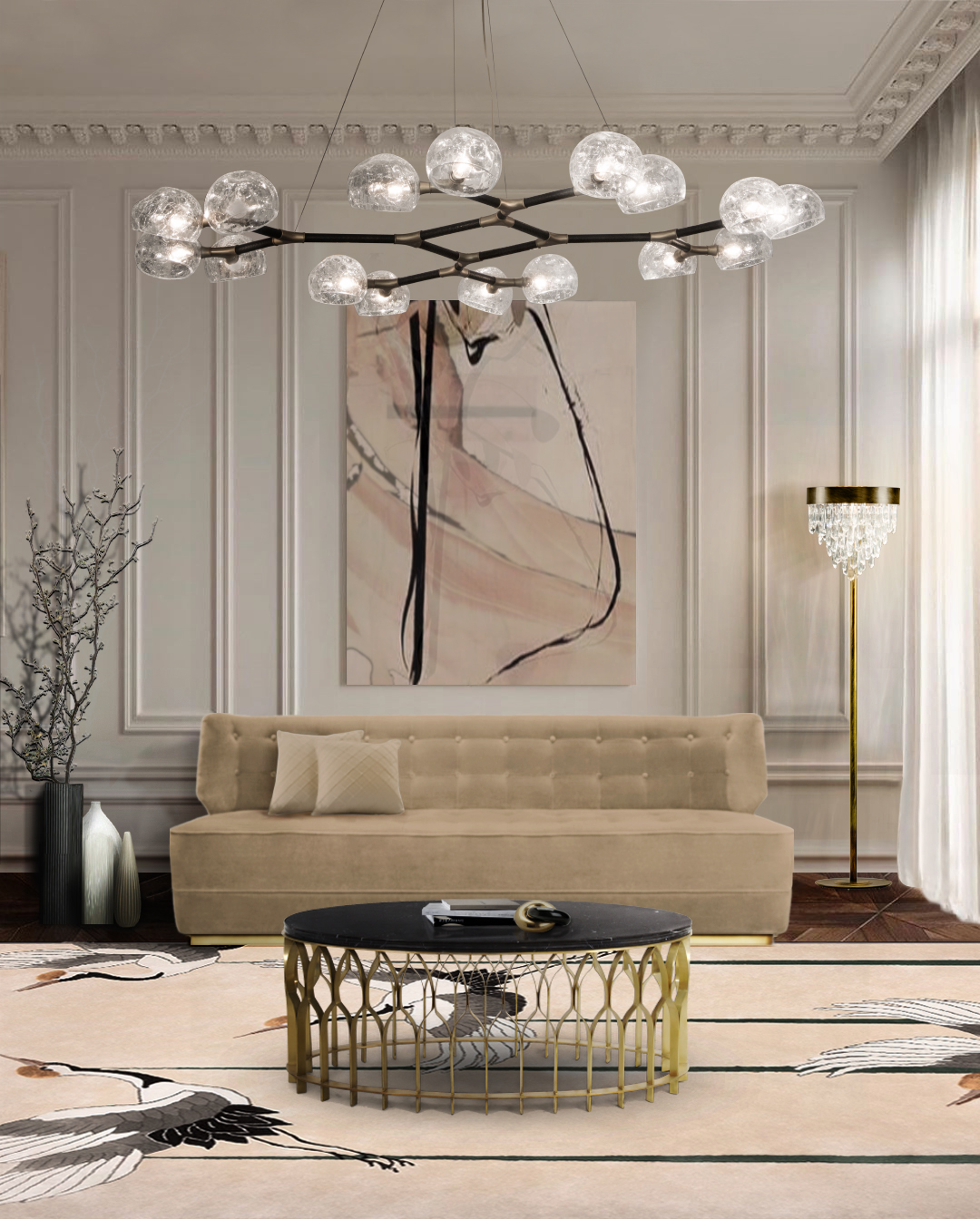 modern contemporary living room with heron rug, black and gold center table