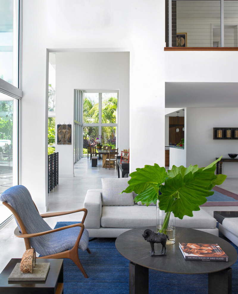 modern living room with blue area rug