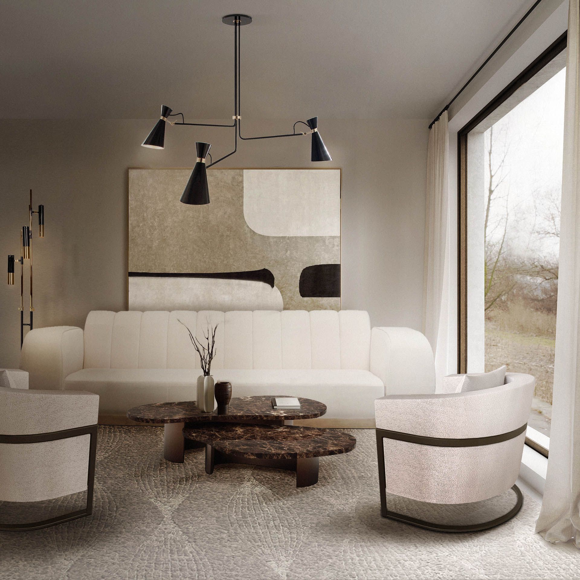 Modern living room with area rug and white sofa, white armchairs