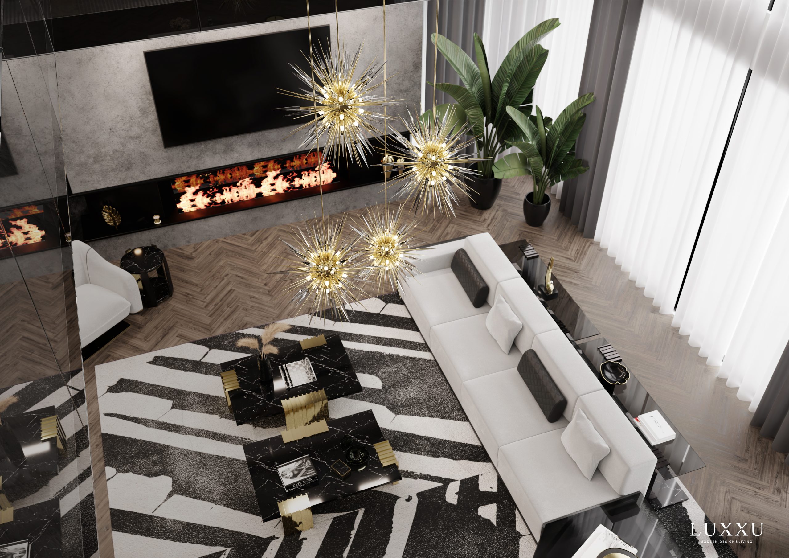 Elegant modern living room with Palm Rug with white sofa and supernova lights