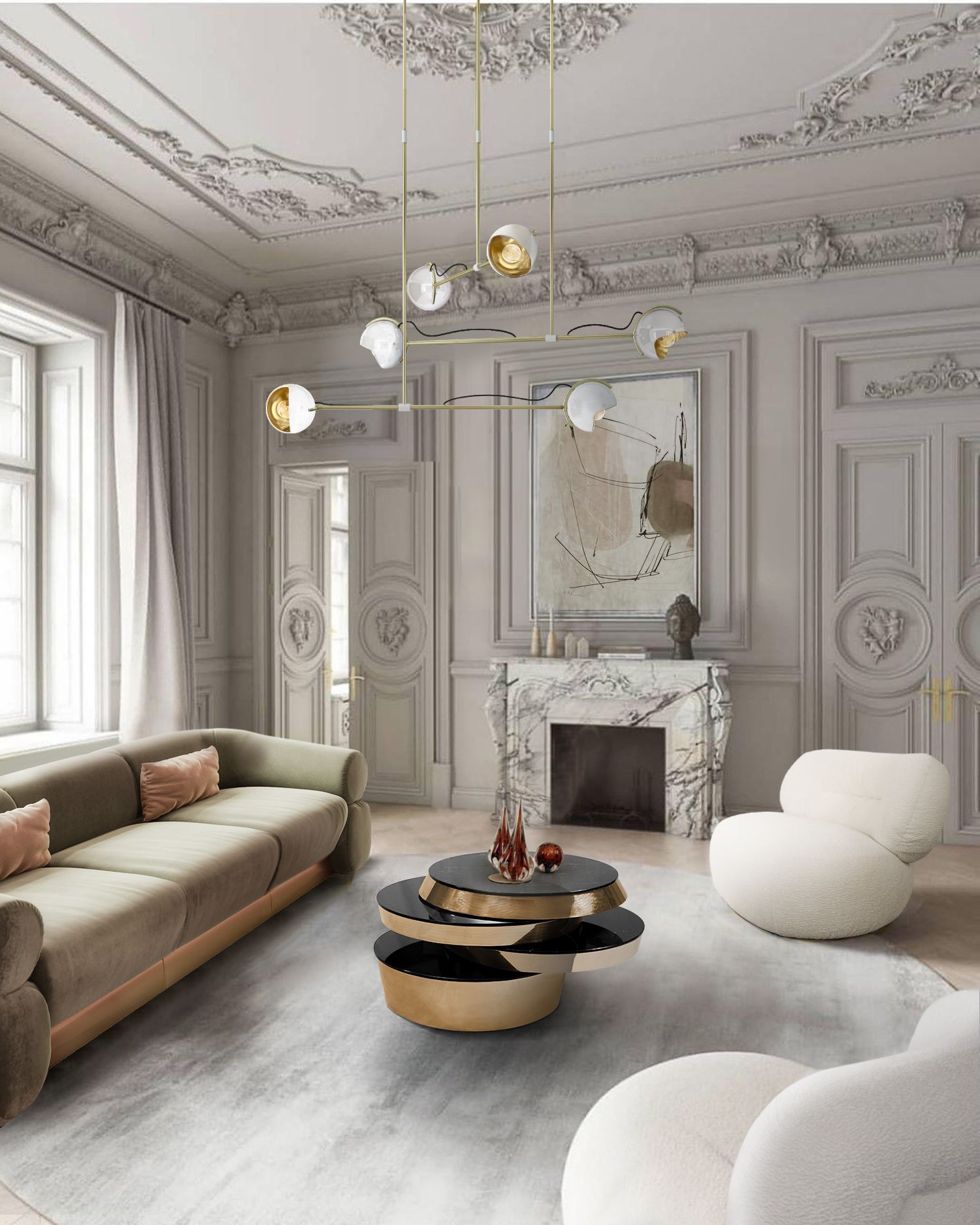 Modern area round rug in a all-white living room with black and gold center table, white armchairs