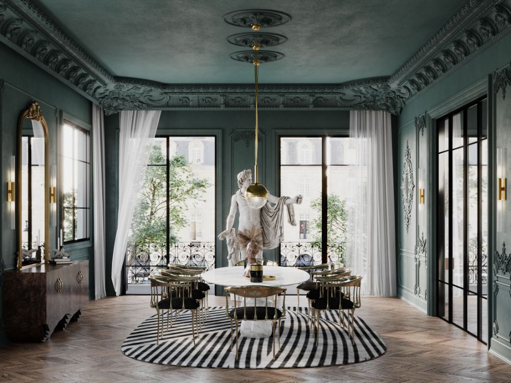 modern dining room with black and white rug, number 11 dining chairs and marbled white table