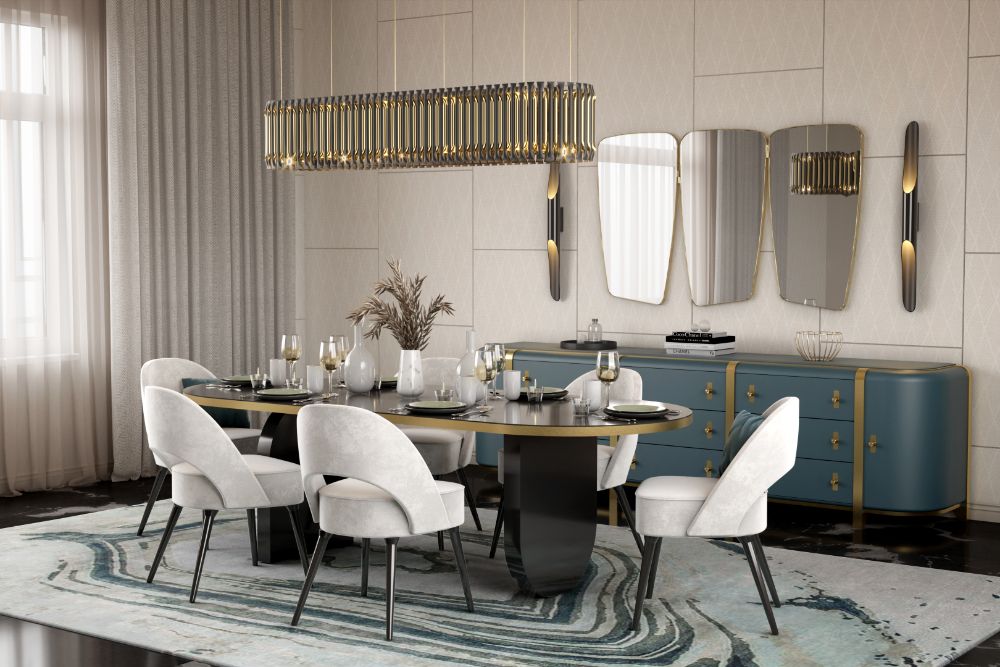 Modern midcentury dining room with AGATHA RUG What Are The Best Modern Hand-Tufted Dining Room Rugs?