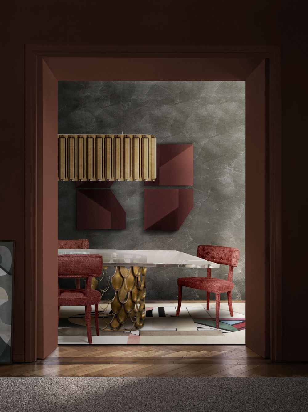 Modern contemporary dining room with artistic area rugs such as the Oscar Rug and Koi Dining table.