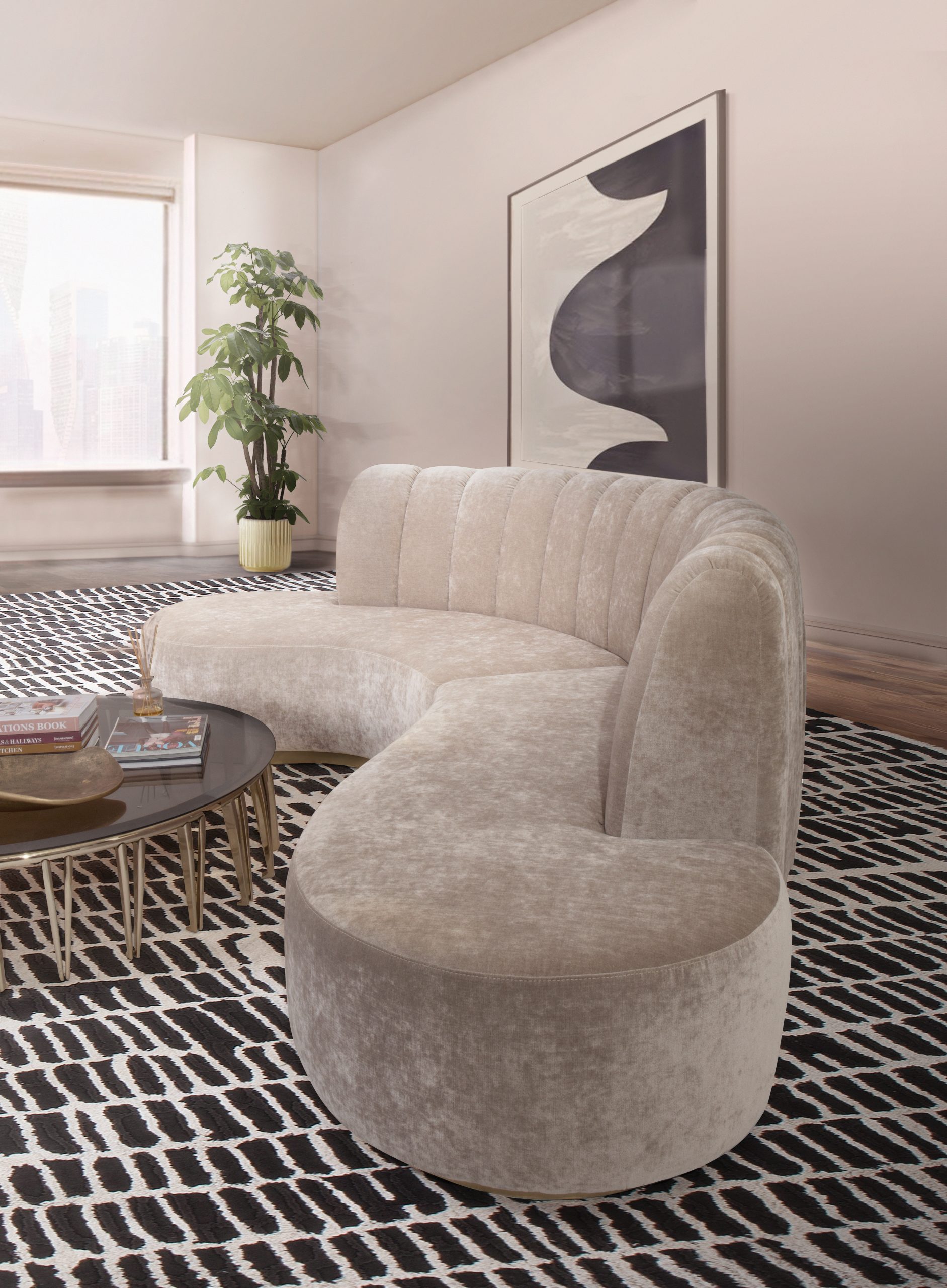 Modern contemporary living room with Coll Rug and beige sofa