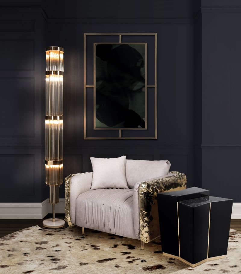 modern living room with oslo rug and imperfectio armchair, standing lamp and black side table