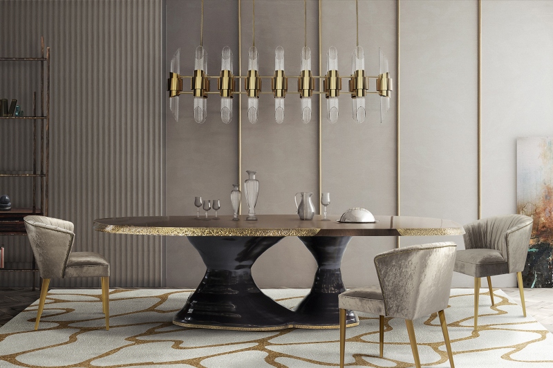 dining room with Cell rug in white ang old with dining chairs ansd dining table