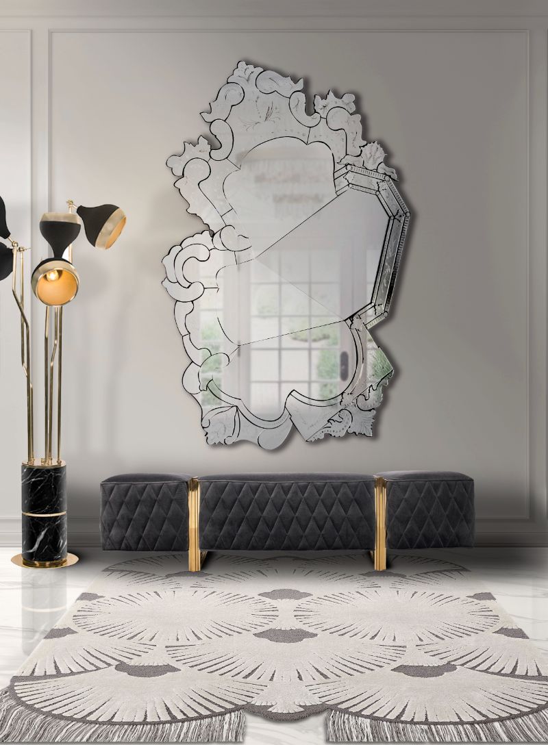 Modern classic hallway with DECO RUG in white and gray colors with unique design. Minimalist Rugs: The Latest Interior Trends