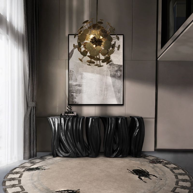 Modern contemporary entryway with teh round golden bugs rug - Unusual Rug Shapes To Complement Every Room In The House