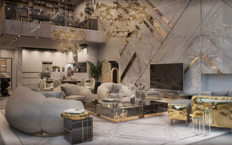 Modern classic living room with golden armchairs, center table, side table and golden hanging lights