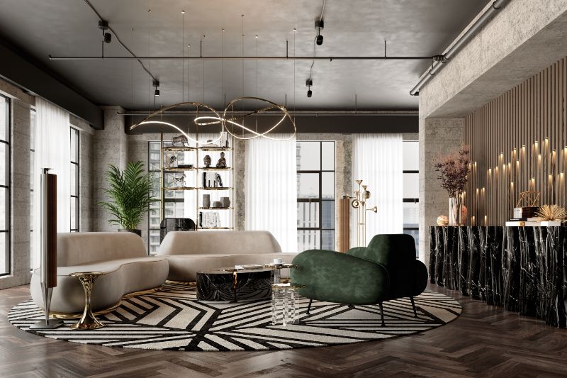 Classic living room with round Cauca rug, white sofa and green arnchair