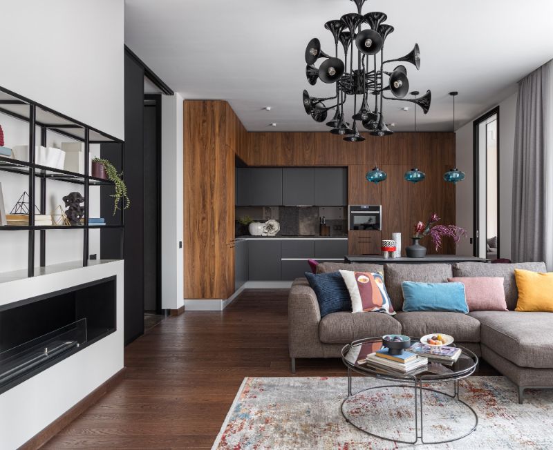 contemporary living room with gray sofa and area rug