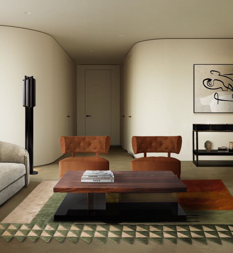 mid-century living room with Simba Rug with a geometric pattern and wooden center table and brown velvet armchairs