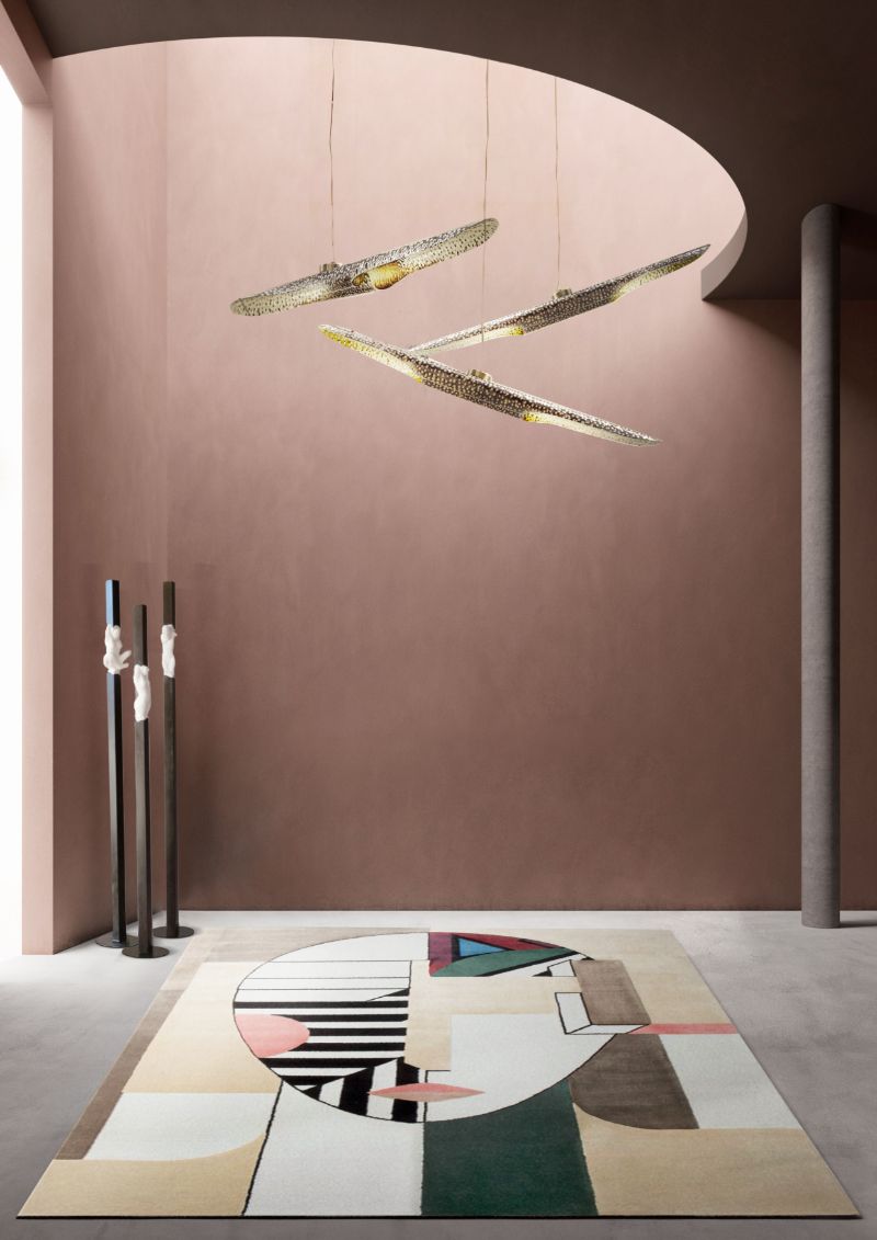 Modern contemporary hallway with the incredible OSCAR RUG in neutral colors and vellum suspension lights Interior Design Rugs Inspired By Art