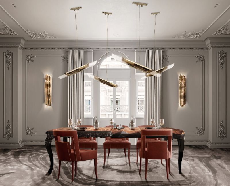 Modern contemporary dining room with neutral version of AGATHA RUG with suspension lights and naj dining chairs