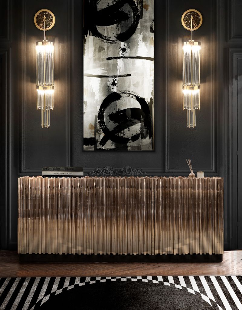 Elegant modern hallway in monochrome colors with a touch of gold, a luxurious ambient. Minimalist Rugs: The Latest Interior Trends