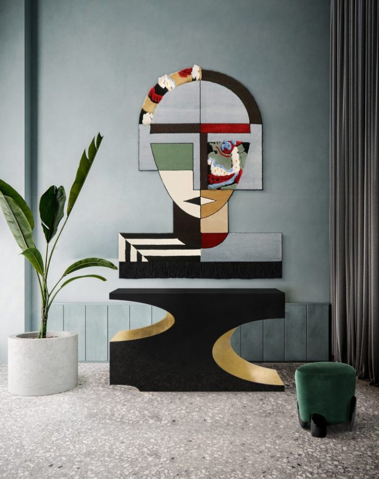 Modern mid-century blue wall rug with geometric forms to create a geometric shape. The Mira rug is a lovely mid-century rug that will turn you room into a art gallery.