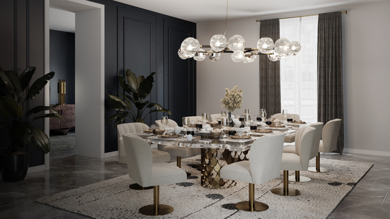 classy dining room with a white area rug with flowers as a pattern. 15 Top Home Decor Ideas For 2022: Classy Modern Rugs For A Timeless Look
