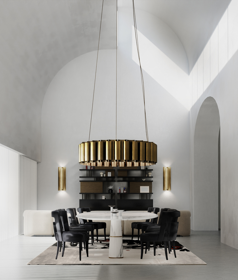 Modern contemporary dining room with a luxurious area rug inspired by the golden bugs rug.