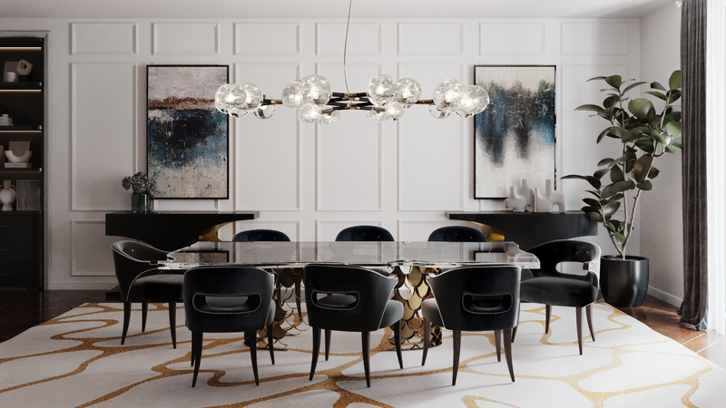 Modern classy dining with area white gold rug with mid-century chairs. 15 Top Home Decor Ideas For 2022: Classy Modern Rugs For A Timeless Look