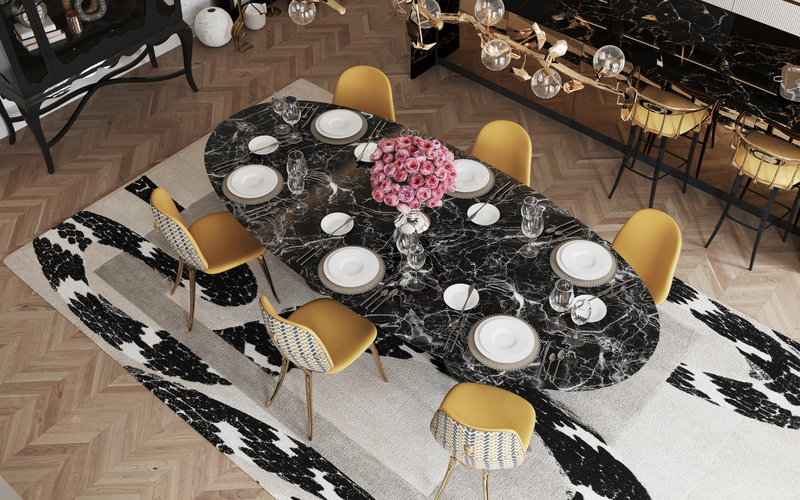 modern contemporary dining room with beige area rug qnd smake pattern. the imperial snake rug is a fabulous piece. 15 Top Home Decor Ideas For 2022: Classy Modern Rugs For A Timeless Look