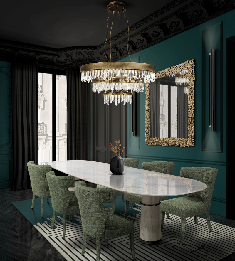 Modern dining room with the fabulous VALENCIA RUG, a black and white rug with a touch of green. 15 Top Home Decor Ideas For 2022: Classy Modern Rugs For A Timeless Look