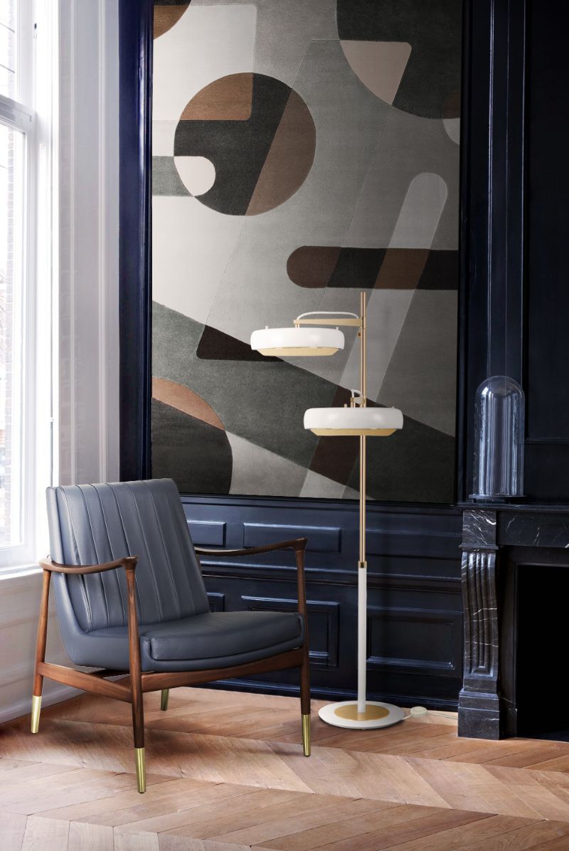 Modern mid-century living room with mid-century gray geometric rug. the Joh rug is a unique and fashionable rug there is.